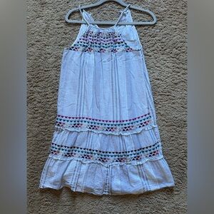 White Embroidered Tiered Dress with Multicolor Trim